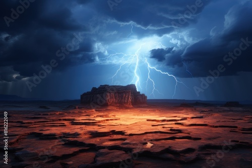 Bright lightning strike in Monument Valley Utah in a thunderstorm at night.