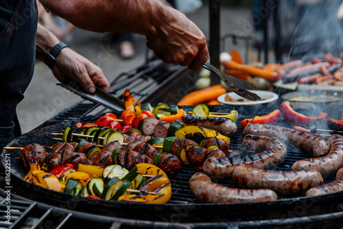 Summer barbecue party: grilling meats and vegetables