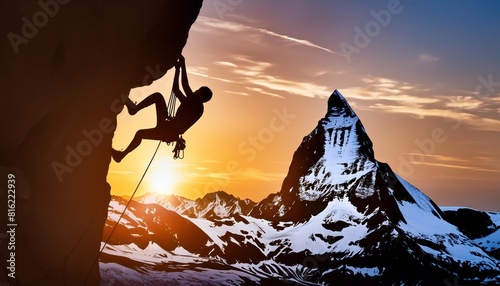 A rock climber is silhouetted against the evening sky as he rappels past an overhang 