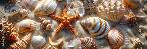 Collection of Seashells and Starfish on Sandy Background, Marine Life Diversity on Tropical Beach