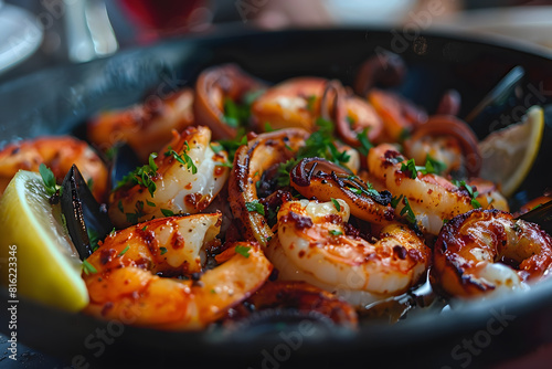 Gourmet seafood platter with grilled shrimp