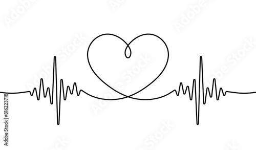 Heart beat one line. Continuous lines heart beats drawing. Wave pulse. Hand draw heartbeat. Design heartbeat for print. Black silhouette cardiogram isolated on white background. Vector illustration