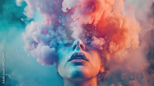 A woman with a smokey, colorful head is shown in a photo