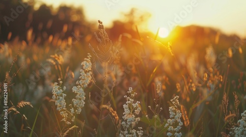 A field of tall grass with a bright sun in the sky