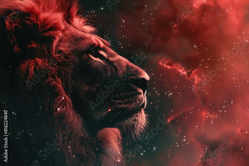 A lion is staring at the camera with a red background