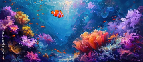 Vibrant underwater painting with colorful corals and fish