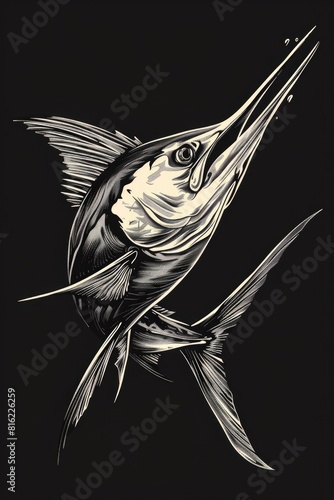 A black and white drawing of a fish with a swordfish tail