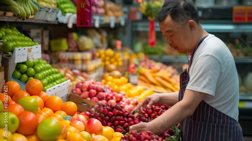 Employee worker working on foot stand in a grocery store.