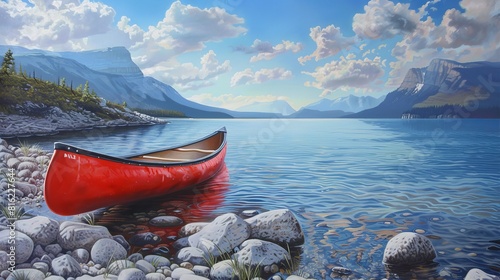 A red canoe rests on a rocky shore by a calm blue lake.