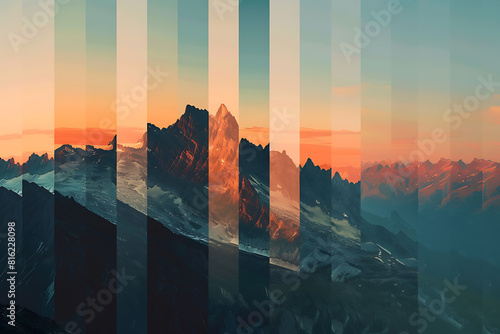 Abstract mountains silhouette broken into fragments, creating a striking and dynamic visual composition.