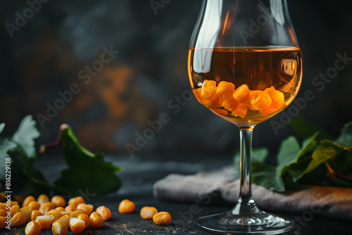 Elegant glass of amber wine with grapes on dark background