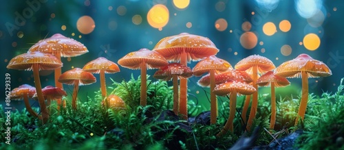 Cluster of mushrooms in mossy forest