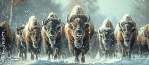 Bison herd migrating through snow