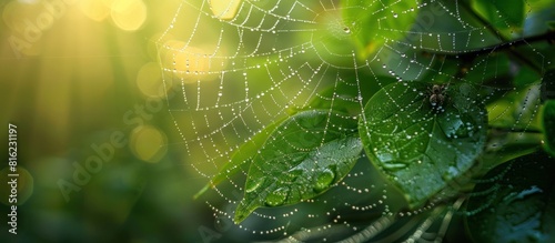 A detailed spider web covered in dew drops, shining under the sunlight against vibrant green leaves in nature.