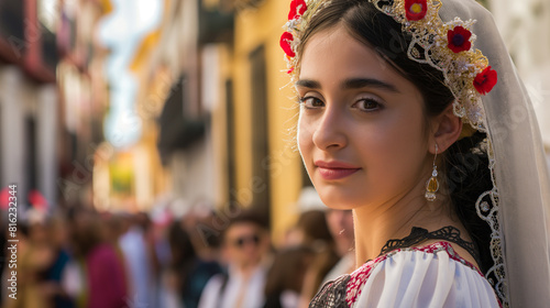 Retrato de uma jovem linda mulher usando vestido tradicional durante a procissão da igreja na rua da cidade espanhola