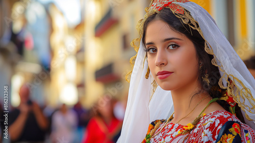Retrato de uma jovem linda mulher usando vestido tradicional durante a procissão da igreja na rua da cidade espanhola