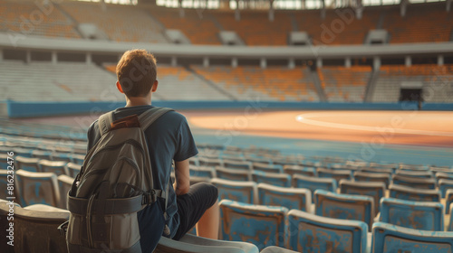 Triste adolescente sozinho com mochila sentado em um estádio esportivo vazio ao ar livre
