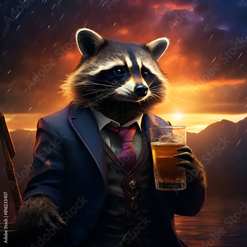 raccoon in a suit with a glass of tea