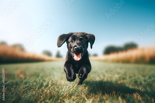 a black labrador retriever dog of a joyful golden retriever running towards the viewer in a grassy field with a clear blue sky in the background (4)