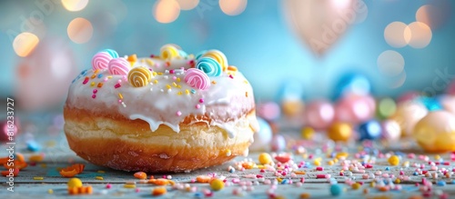Sprinkled donut and balloons on wooden table