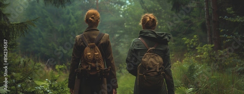 Two women, carrying backpacks, are walking through a forest surrounded by trees and foliage.