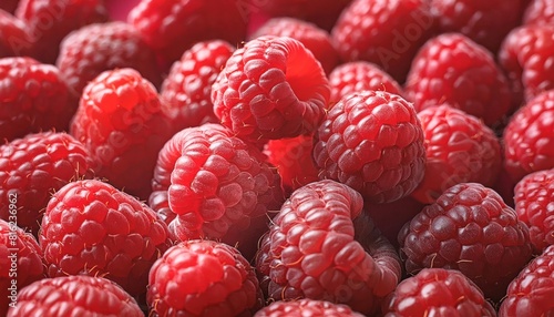  Raspberry fresh berries closeup, ripe fresh organic Raspberries red background, macro shot.