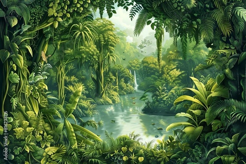 fantastical jungle landscape with mythical animals imaginative mural wallpaper lush green fantasy background digital illustration