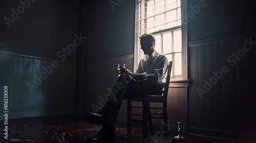 A man sits in a dark room on a chair in front of a window from which light streams The man looks into the light holds a glass of alcohol in his hand there is an almost empty bottle on : Generative AI
