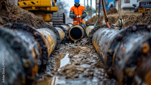 Plumber standing in pit is engaged in elimination of communal accident outdoors. Utility worker fixing broken water main. Welding work to replace rotten elements of water pipe. Sewerage pipe repair