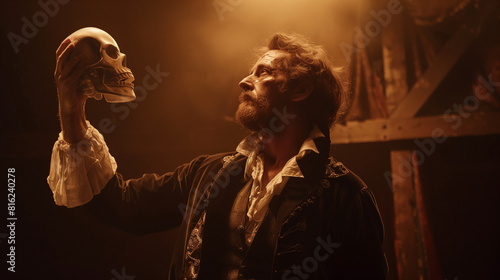 A dramatic portrayal of Hamlet holding a skull on stage, featuring intense lighting, Elizabethan costume, and a dark, moody background, capturing a classic scene.