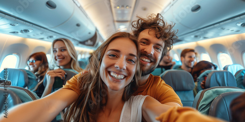  Happy tourist taking selfie inside airplane. Cheerful couple on summer vacation. Passengers boarding on plane.
