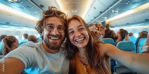  Happy tourist taking selfie inside airplane. Cheerful couple on summer vacation. Passengers boarding on plane.