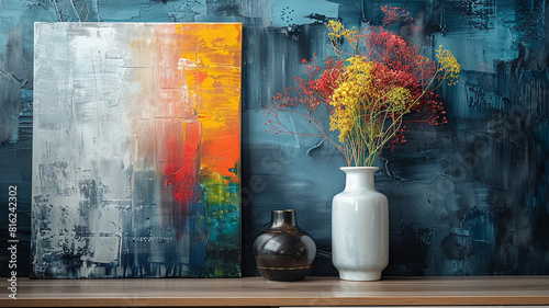 Still life featuring an abstract painting on dresser beside a white vase