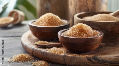 Organic brown sugar from Saccharum officinarum presented in separate wooden bowls