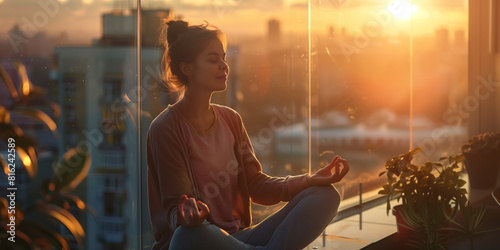 Young woman practicing breathing yoga pranayama outdoors on apartment balcony in big city on early morning. Unity with nature concept.