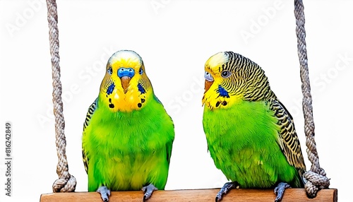 A pair of parakeets chirp on a swing, watercolor painting. isolated with white background