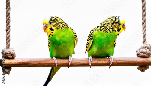 A pair of parakeets chirp on a swing, watercolor painting. isolated with white background
