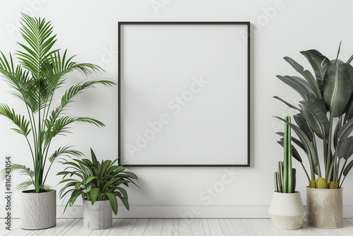 Home interior poster mock up with square metal frame and plants in pots on white wall background. 3D rendering.