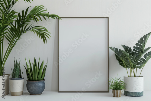 Home interior poster mock up with square metal frame and plants in pots on white wall background. 3D rendering.