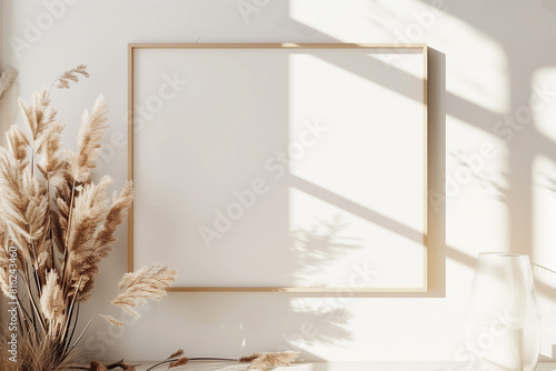 Horizontal frame mockup in boho style with dried grass decoration on empty beige wall background. 3D rendering illustration