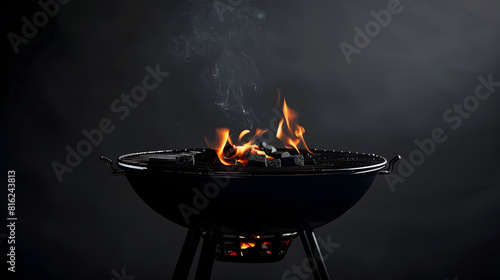 Hot empty portable barbecue BBQ grill with flaming fire and ember charcoal on black background Waiting for the placement of your food Close up : Generative AI