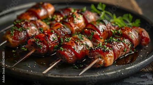 A closeup of Bacon-wrapped dates stuffed with goat cheese
