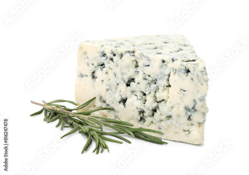 Tasty blue cheese with rosemary isolated on white