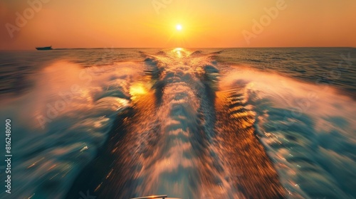Luxury yacht moving fast in sea water at sunset with colorful sky.