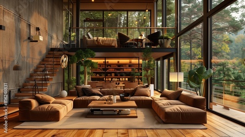 Modern living room with mezzanine 3d