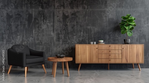 Dark contemporary waiting room interior with wooden sideboard, small coffee table and comfortable black armchair on concrete floor. Minimalist Scandinavian design. Mock up. 3d