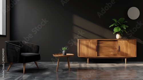 Dark contemporary waiting room interior with wooden sideboard, small coffee table and comfortable black armchair on concrete floor. Minimalist Scandinavian design. Mock up. 3d