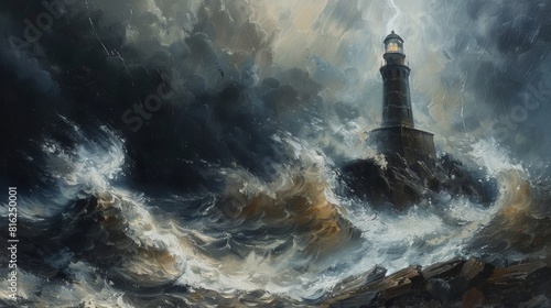 A dramatic stormy seascape, waves crashing against rugged cliffs,