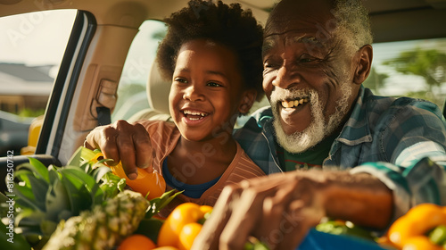 Happy african american grandfather and grandson putting groceries in car family lifestyle childhood togetherness healthy living shopping and food unaltered : Generative AI