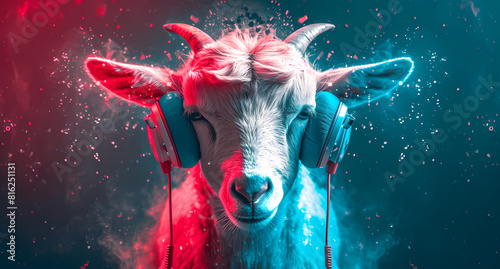 A domestic goat wearing headphones amidst dramatic red and blue abstract splashes, giving a modern, lively vibe